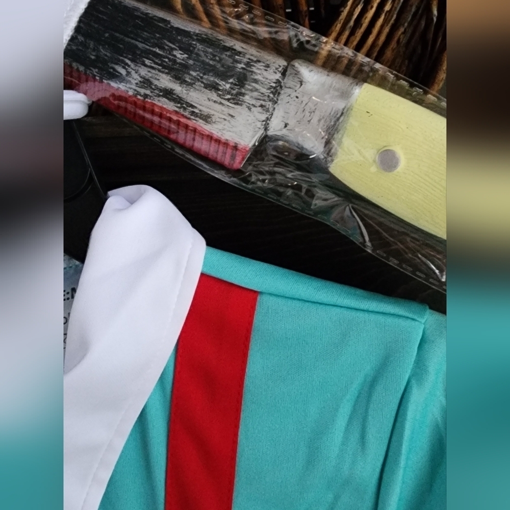Women's Teal Nurse Halloween Costume with Blood Stains - Picture 4 of 9